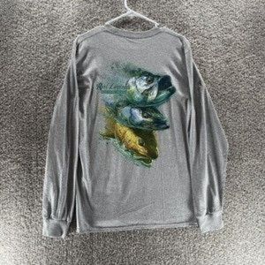 Reel Legends Big Fish Bass Graphic Long Sleeve T-Shirt Mens Medium Grey